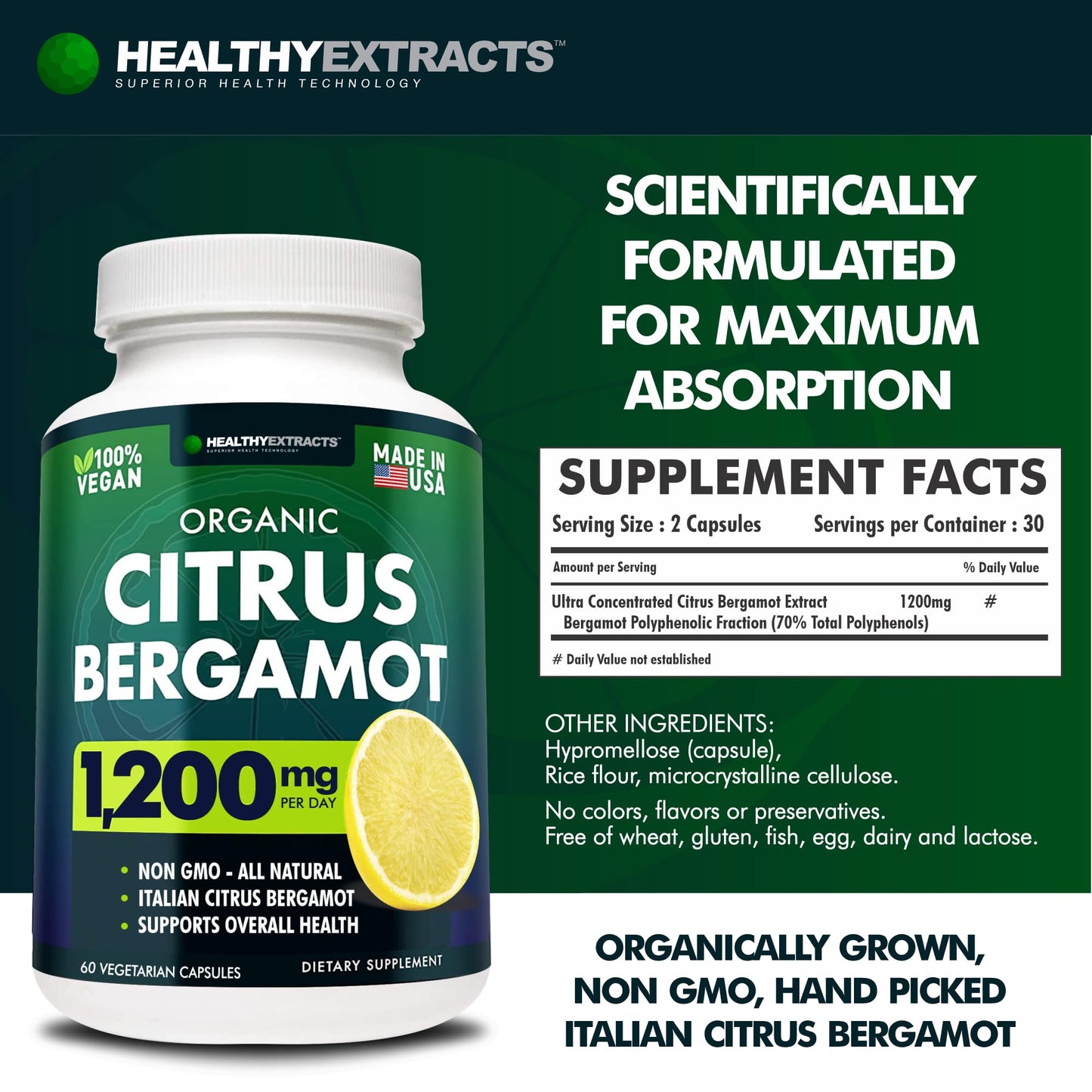 Citrus Bergamot Supplement – 150:1 Extract, 1200mg per Serving, 70% Polyphenols, Italian Sourced, 60 Count, 1 Month Supply, Made in the USA Healthy Extracts