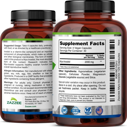 Zazzee Myo-Inositol Capsules, 2000 mg per Serving, 120 Vegan Capsules | Ideal Dosage for 40:1 Ratio, Certified Kosher, Hormone Balance & Healthy Ovarian Function Support, Non-GMO, Made in the USA Gsupps Australia