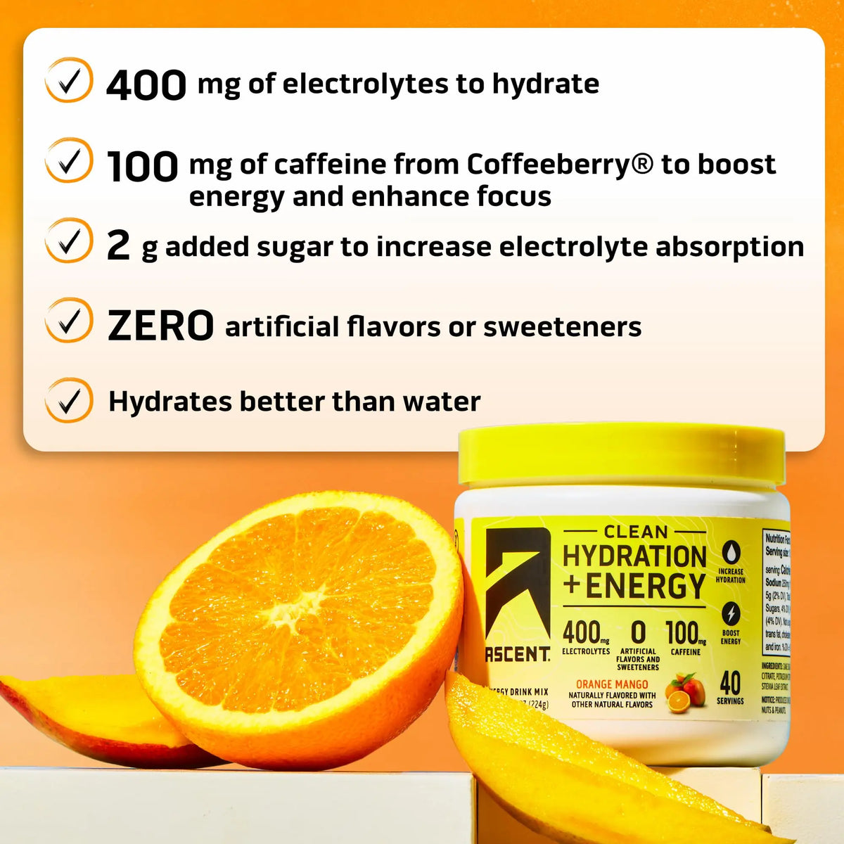 Ascent Clean Hydration + Energy Electrolytes Powder - 100mg Caffeine, 400mg Electrolytes, No Artificial Ingredients, Orange Mango 40 Servings Ascent