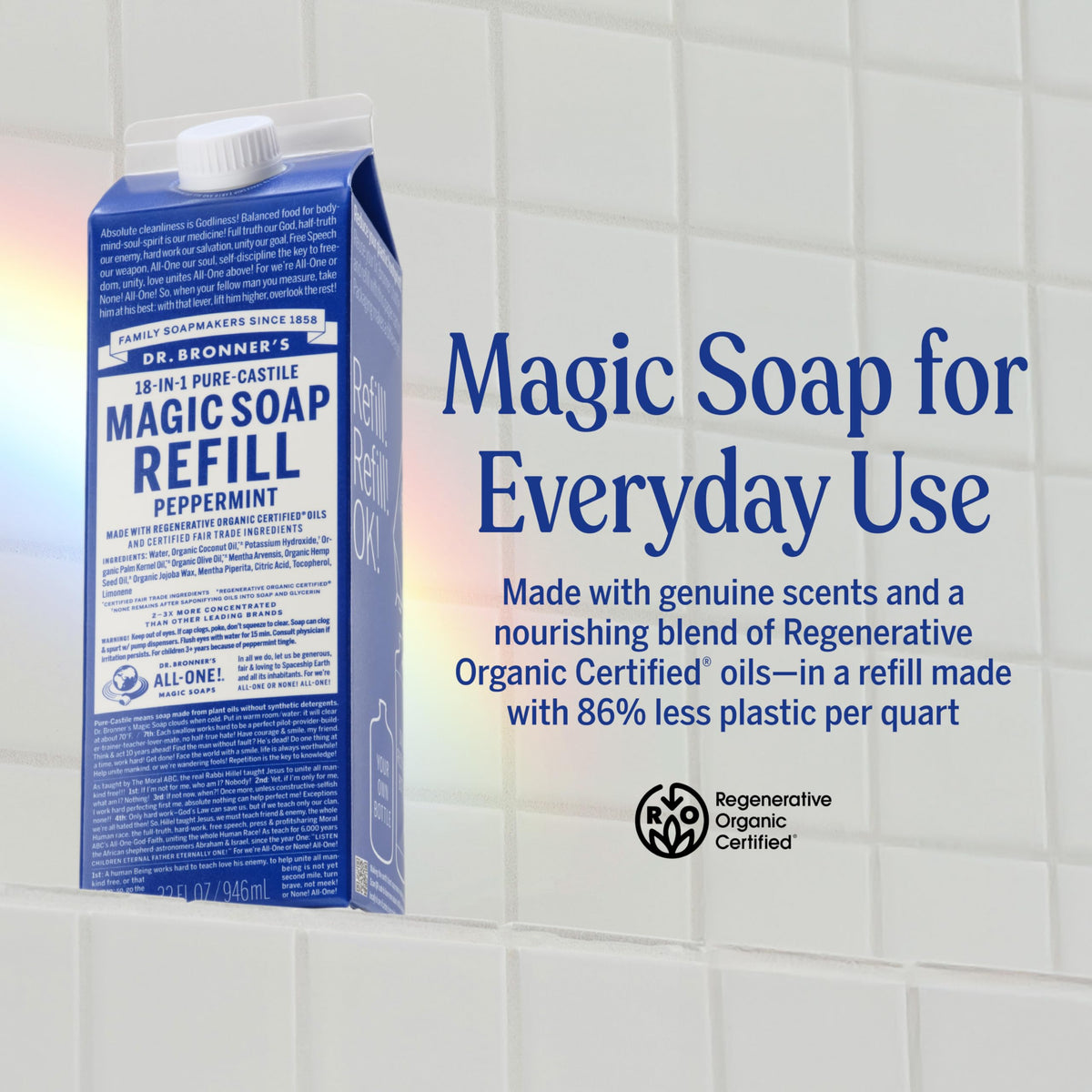 Dr. Bronner's Pure-Castile Liquid Magic Soap Refill - Made with Regenerative Organic Certified Oils, 86% Less Plastic - 18-in-1 Uses for Face, Body Wash, Hand Soap Refill & More - Peppermint, 32oz Dr. Bronner's