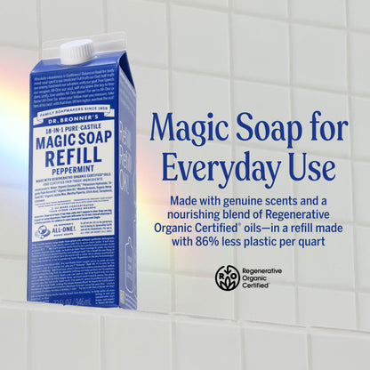 Dr. Bronner's Pure-Castile Liquid Magic Soap Refill - Made with Regenerative Organic Certified Oils, 86% Less Plastic - 18-in-1 Uses for Face, Body Wash, Hand Soap Refill & More - Peppermint, 32oz Dr. Bronner's