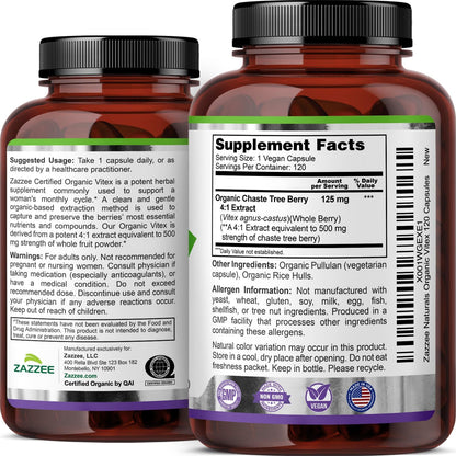 Zazzee USDA Organic Vitex 4:1 Extract, 120 Vegan Capsules, 4 Month Supply | Chaste Berry, Hormonal Balance & Cycle Support for Women, Certified Kosher, Vitex Agnus-Castus, Non-GMO, Made in the USA Gsupps Australia