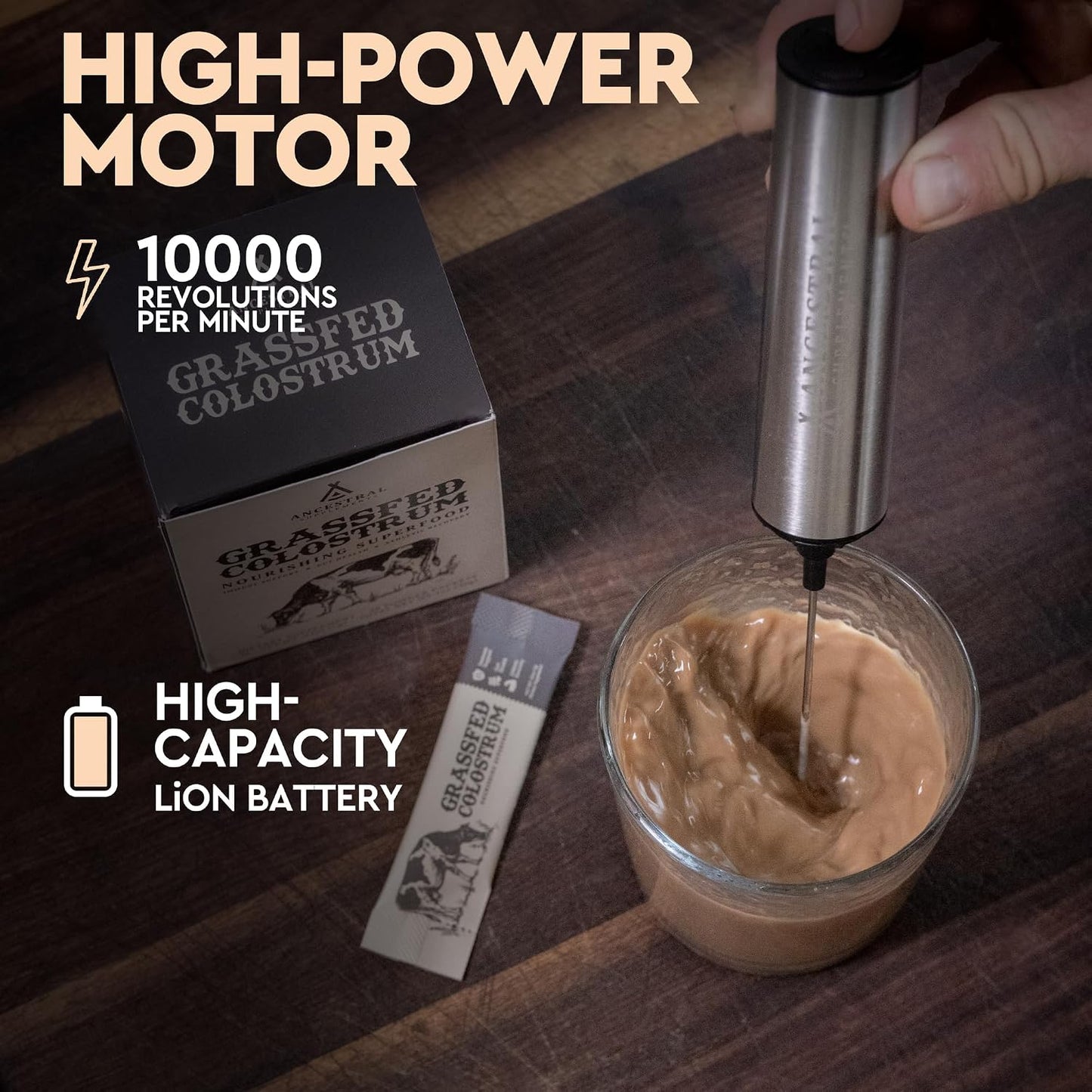 Ancestral Supplements Frother Wand, Rechargeable Electric Hand Mixer, Milk, Coffee, Matcha Latte or Protein Shake Blender, Stainless Steel Handheld Drink Stirrer, Double Whisk, Easy and Fast Frothing