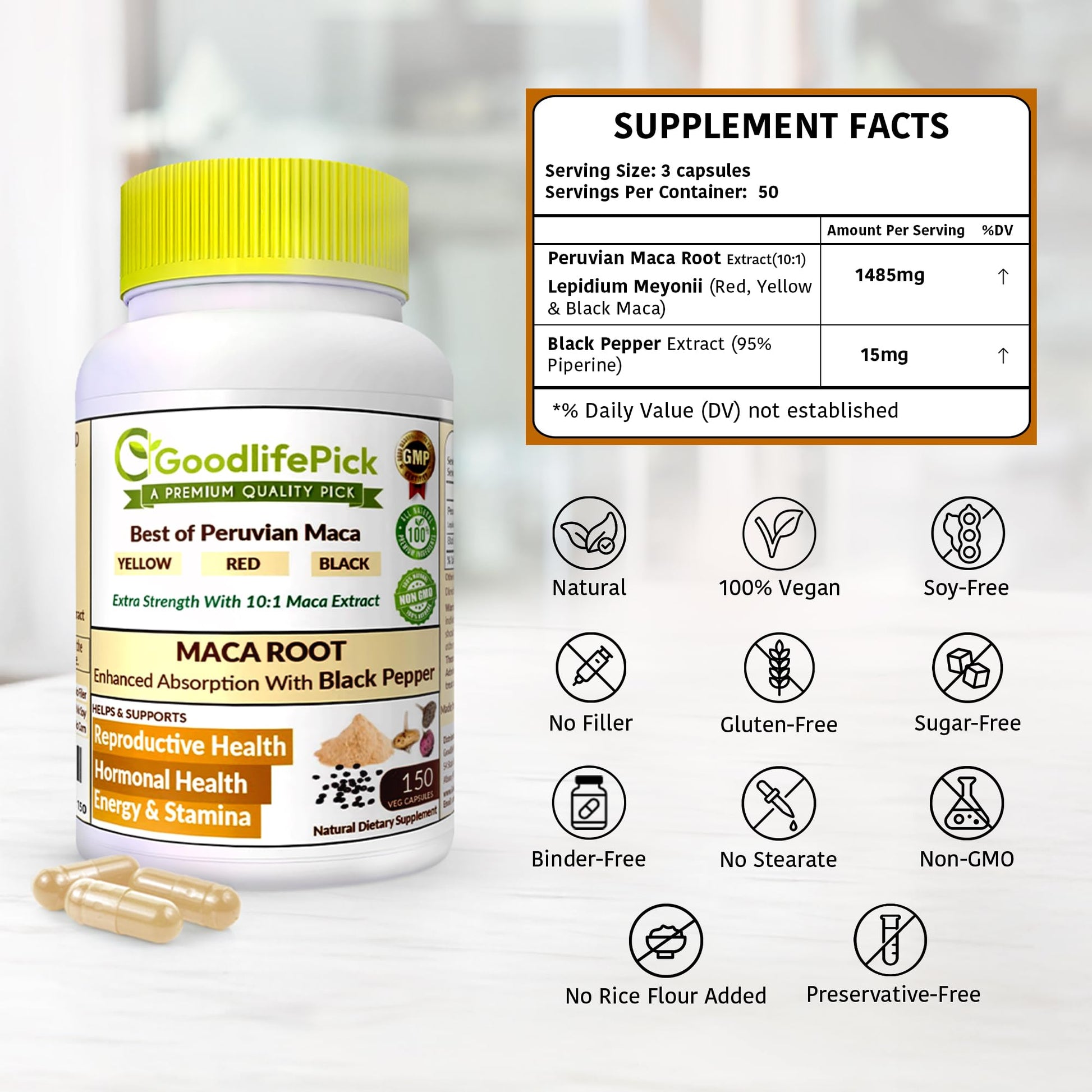 Peruvian Maca Root Capsules 150 ct. Powerful Maca Blend of Yellow Red & Black Maca Root with Black Pepper. All Natural NonGMO Vegan No Stearate No Rice Powder No Silica No Filler GoodlifePick buy australia supplements