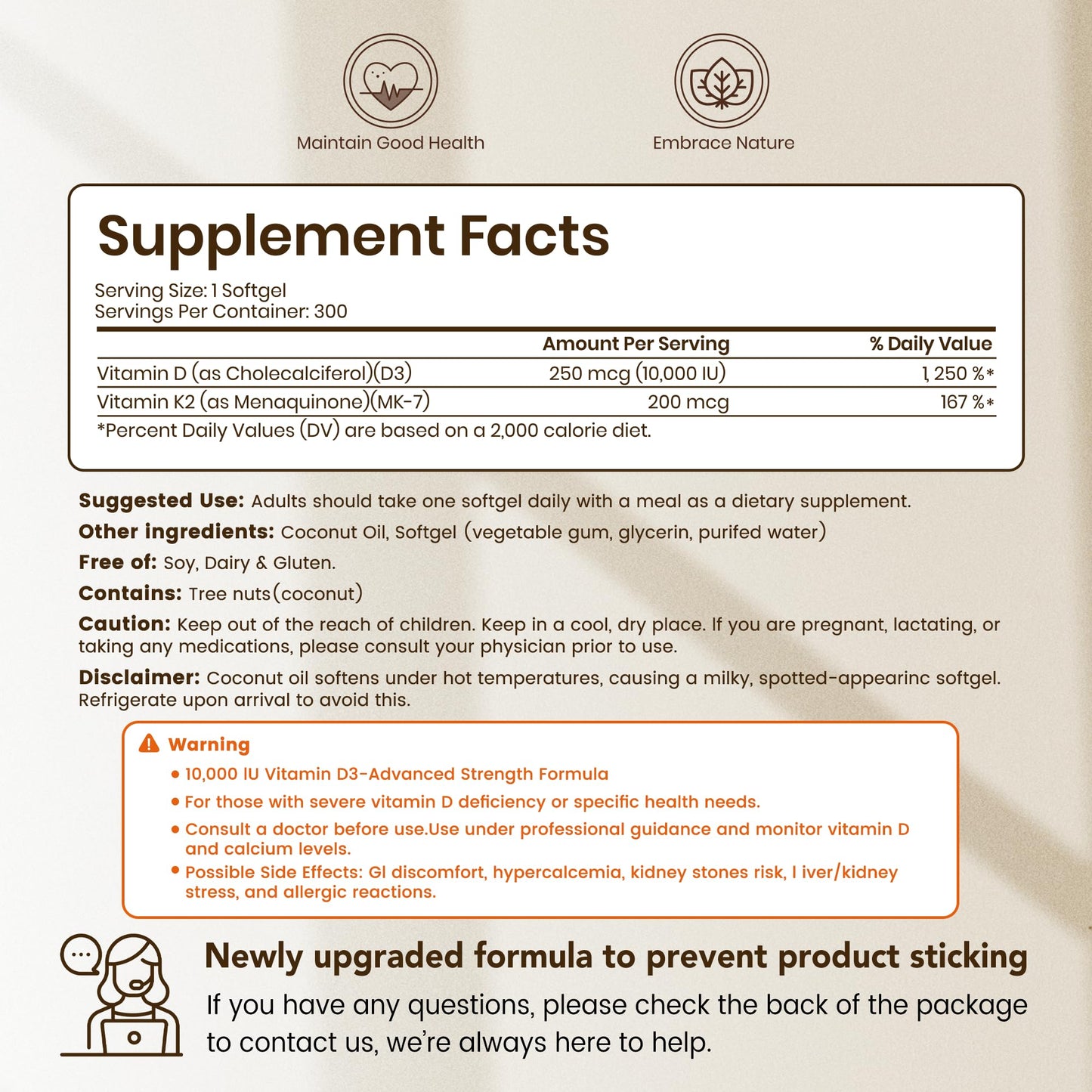 VEV Corefeel Vitamin D3 K2 10,000 IU, 200 mcg MK-7, 300 Coconut Oil Softgels, 2 in 1 Vitamins Supplement D & K (Include MK7), Easy to Swallow VEV
