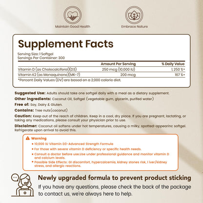 VEV Corefeel Vitamin D3 K2 10,000 IU, 200 mcg MK-7, 300 Coconut Oil Softgels, 2 in 1 Vitamins Supplement D & K (Include MK7), Easy to Swallow VEV
