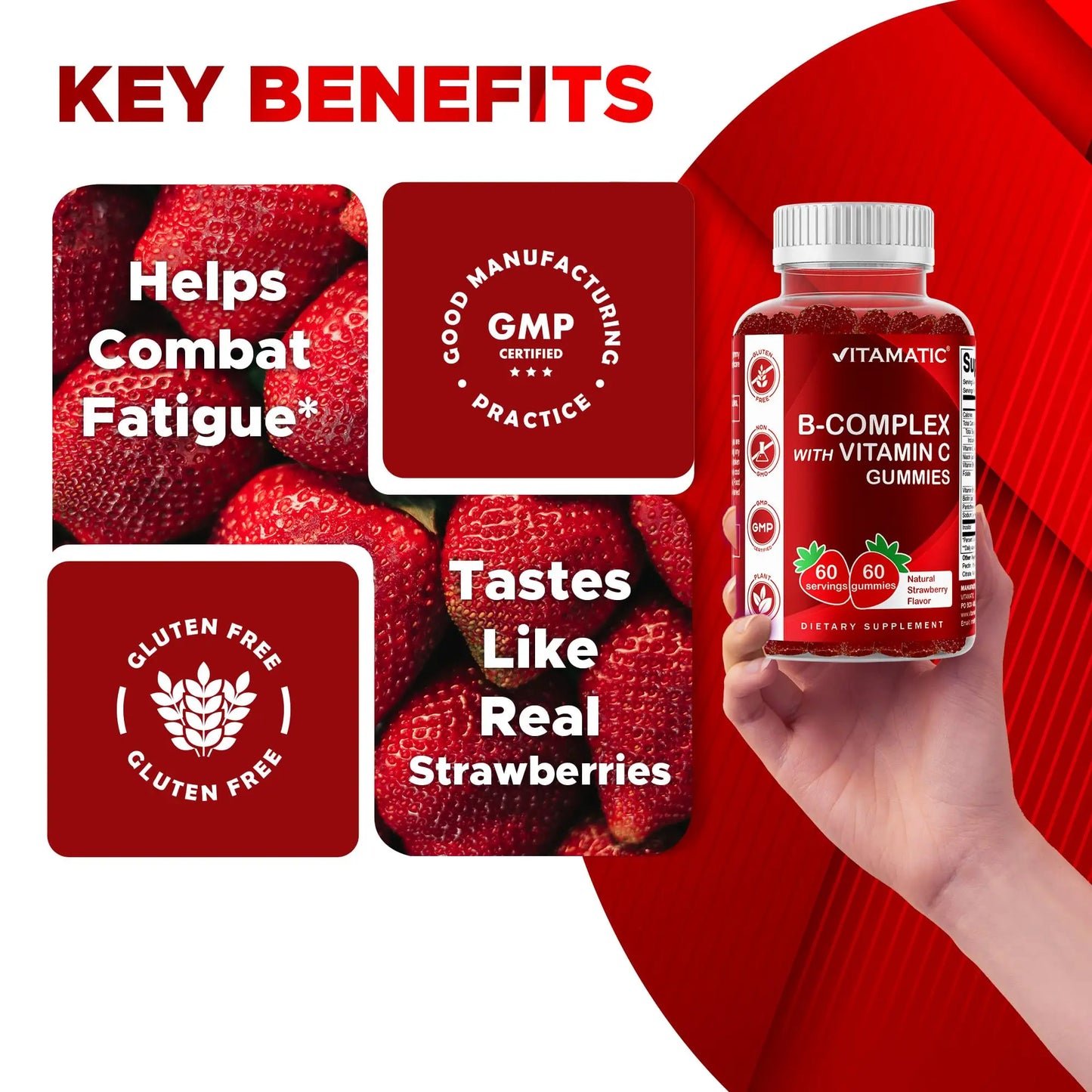 Vitamatic Vitamin B Complex Gummies with Vitamin C & Inositol - Natural Strawberry Flavor - 60 Gummies (1 Bottle) Vitamatic