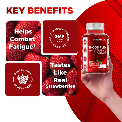 Vitamatic Vitamin B Complex Gummies with Vitamin C & Inositol - Natural Strawberry Flavor - 60 Gummies (1 Bottle) Vitamatic