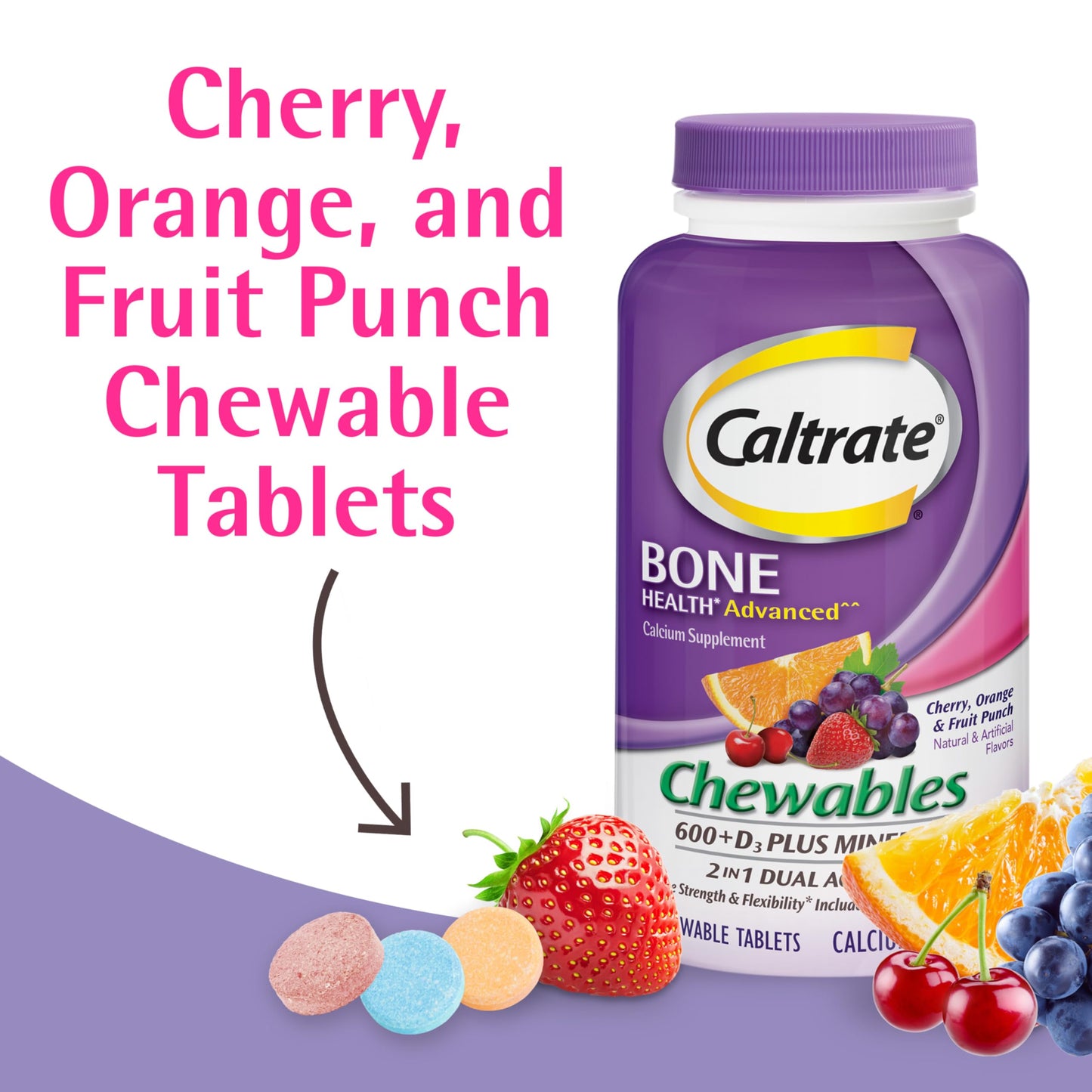 Caltrate Chewables 600 +D3 Plus Minerals Calcium and Vitamin D, Sugar Free, Cherry, Orange and Fruit Punch, 155 count Caltrate