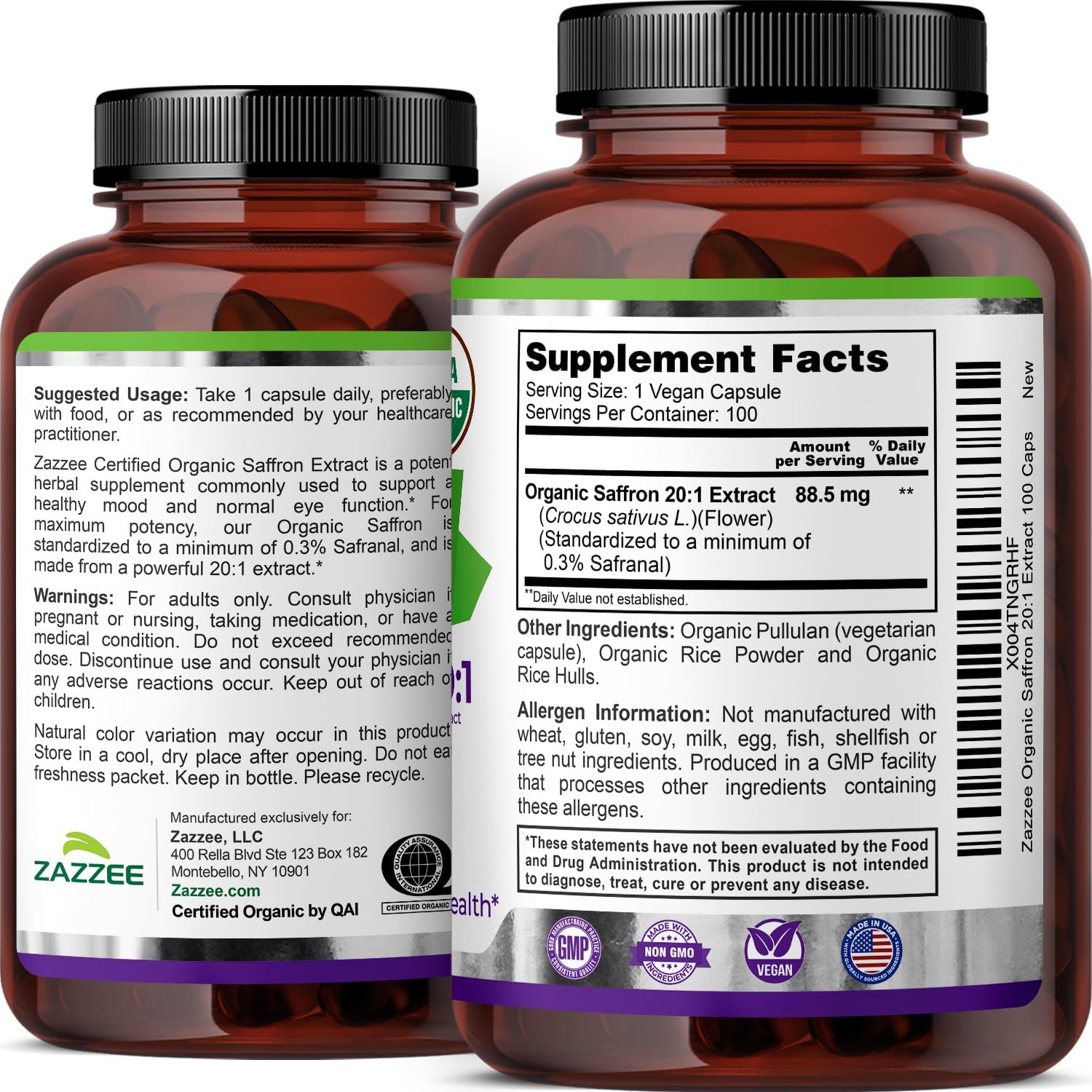 Zazzee USDA Organic Saffron 20:1 Extract, 88.5 mg, 0.3% Safranal, Vegan | 100 Capsules, 3+ Month Supply, Concentrated and Standardized 20X Extract, Non-GMO, All-Natural, Made in the USA Gsupps Australia
