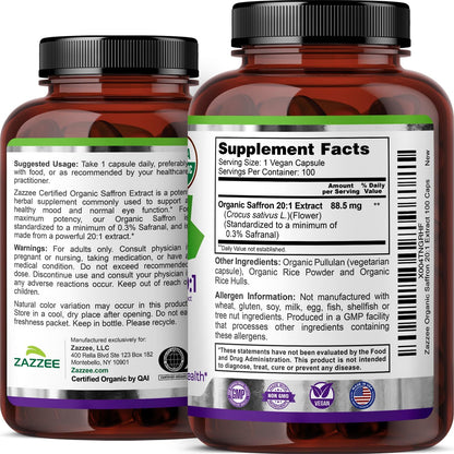 Zazzee USDA Organic Saffron 20:1 Extract, 88.5 mg, 0.3% Safranal, Vegan | 100 Capsules, 3+ Month Supply, Concentrated and Standardized 20X Extract, Non-GMO, All-Natural, Made in the USA Gsupps Australia