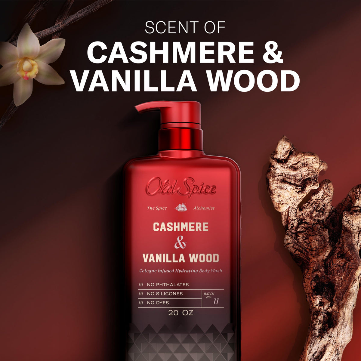 Old Spice Body Wash for Men, The Spice Alchemist Collection, 24/7 Cologne Infused Hydration, No Trade Off Formula, Free of Phthalates Silicones & Dyes, Cashmere + Vanilla Wood Scent, 20 oz Old Spice