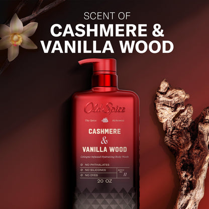 Old Spice Body Wash for Men, The Spice Alchemist Collection, 24/7 Cologne Infused Hydration, No Trade Off Formula, Free of Phthalates Silicones & Dyes, Cashmere + Vanilla Wood Scent, 20 oz Old Spice