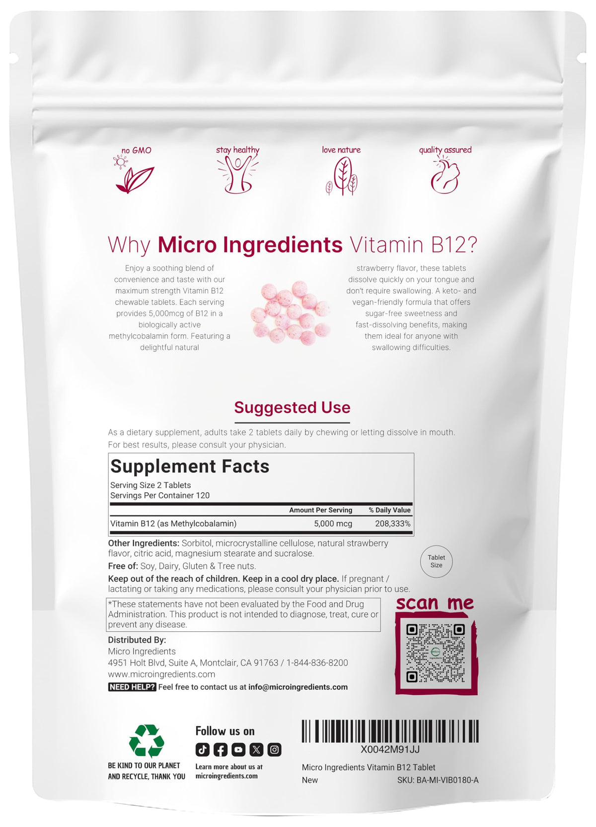 Micro Ingredients Vitamin B12 5,000 mcg | Methylcobalamin – 240 Chewable Tablets | Fast Dissolve, Natural Strawberry Flavor Micro Ingredients