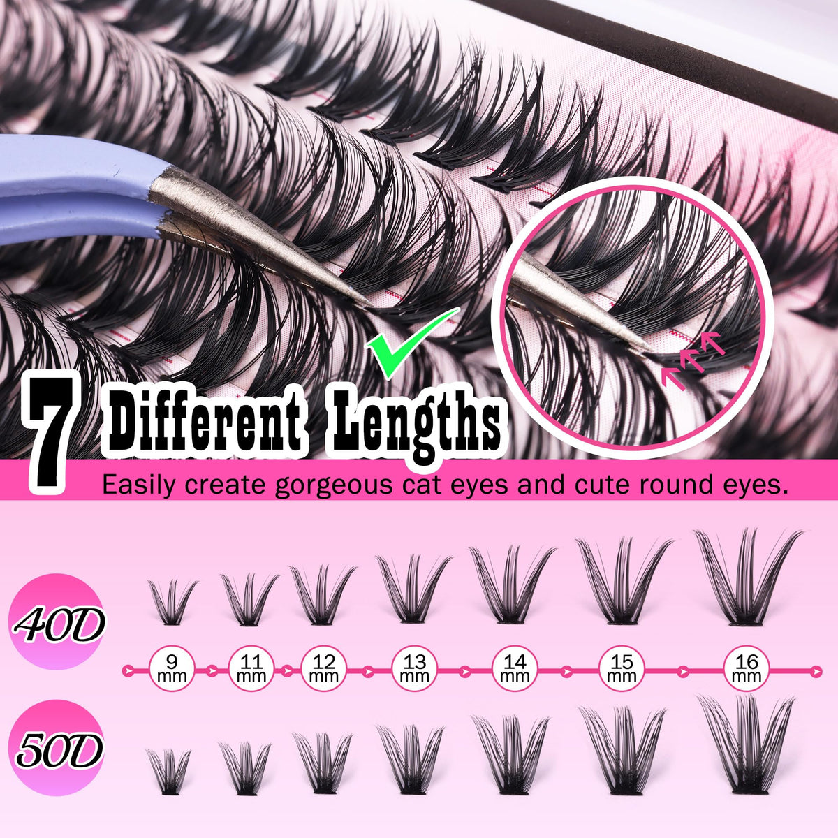 Cluster Lashes 280 pcs Lash Clusters D Volume Eyelashes Extensions 9-16 mm Mix 40D+50D Individual Lashes Thin Band Eyelashes Cluster for DIY Lash Extension Beginners (Lash Clusters) FANXITON