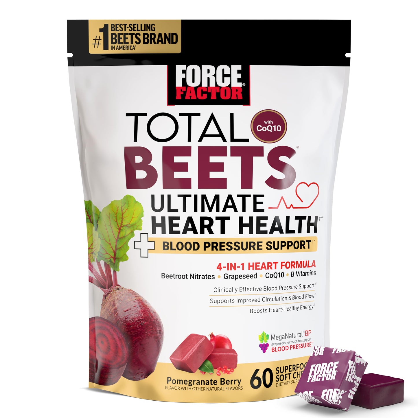 Force Factor Total Beets Ultimate Heart Health Chews for Blood Pressure Support, with Beetroot Powder, CoQ10, B Vitamins & Grapeseed Extract for Blood Flow & Energy Force Factor