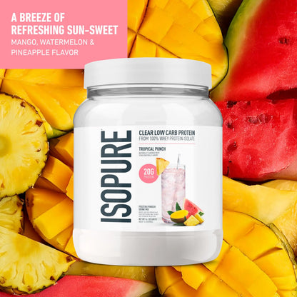 Isopure Clear Whey Isolate Protein Powder, Lactose Free, Gluten Free, Naturally Flavored, Tropical Punch, 20g Protein Per Serving, 14.1 Oz, 16 Servings (Packaging May Vary) Isopure