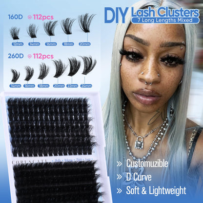 CORUSCATE Lash Clusters 160D+260D Eyelash Clusters 12-24mm Long Lash Extension Thick Cluster Eyelash Extensions Volume Strip Mink Lashes Cluster Dramatic Full Salon Look Mega Eyelashes CORUSCATE