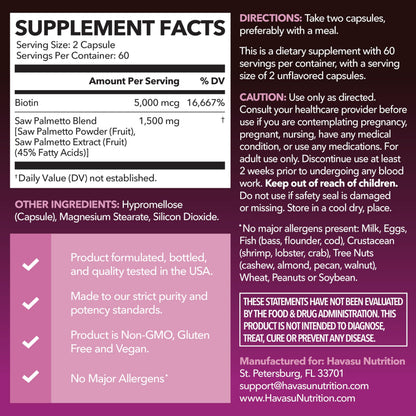 Saw Palmetto for Women with Bitoin 5000mcg Per Serving, 30-Day Supply | Vegan, Non-GMO DHT Blocker for Women for Hair, Skin and Nails, Saw Palmetto Extract with Biotin for Thicker Looking Hair Gsupps Australia