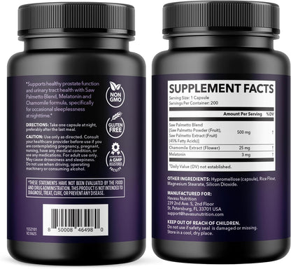 Saw Palmetto PM for Men w/ Melatonin, Nighttime Bladder Support, 200 Count | Vegan, Non-GMO Saw Palmetto Extract & Melatonin to Reduce Urinary Frequency, Prostate Health Supplement, 200 Servings Gsupps Australia