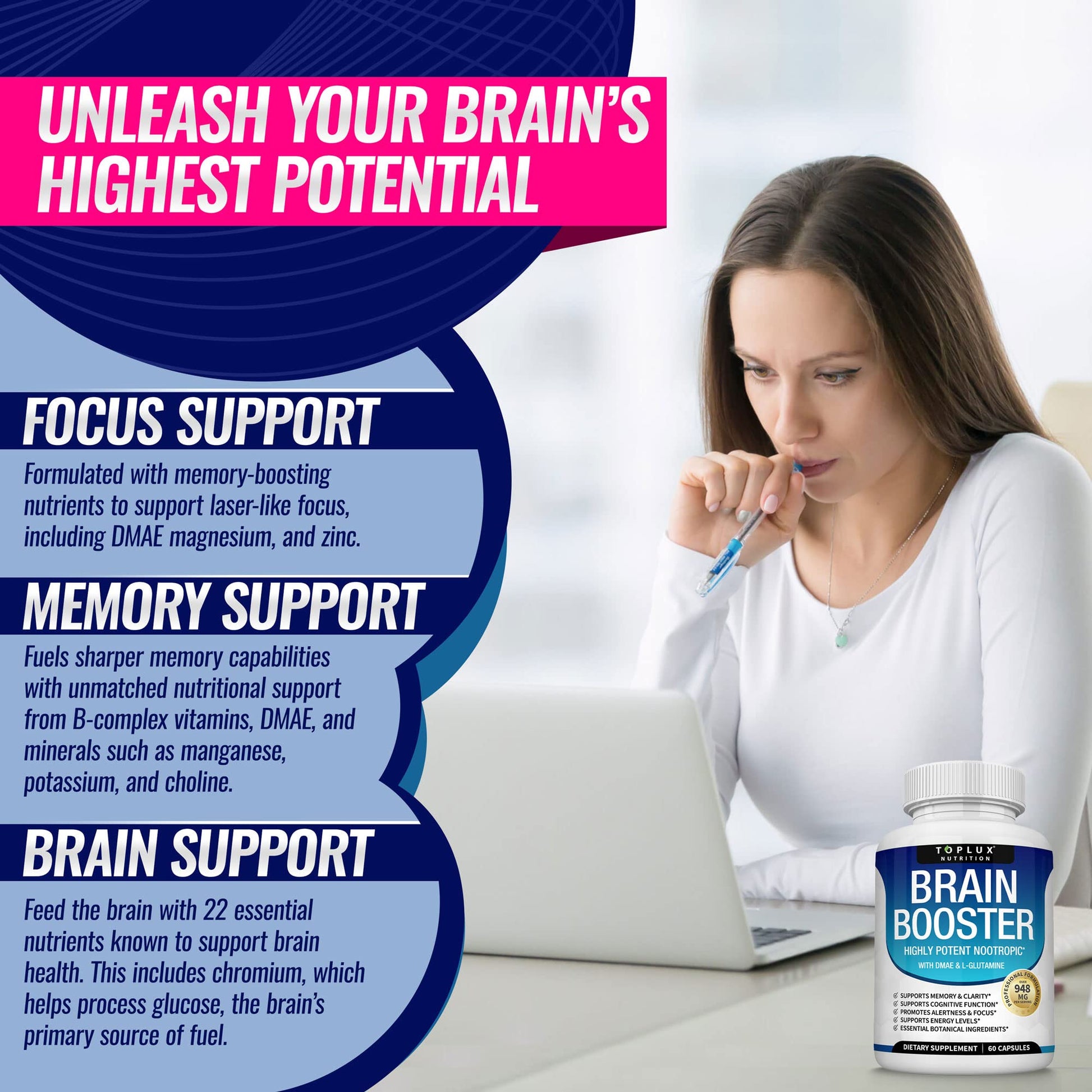 Toplux Brain Supplement Nootropic – Brain Pills Vitamin with DMAE, Bacopa Monnieri, L-Gutamine, for Men Women, 60 Capsules, Nutrition Toplux buy australia supplements