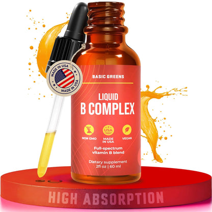 BASIC GREENS Vitamin B Complex Liquid Drops - Strength Sublingual Formula, Maximizes Absorption & Boosts Energy - B1, B2, B3, B5, B6, B7, B9, B12 - Natural Vegan Supplement BASIC GREENS