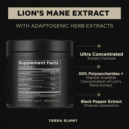 16x Strength Lions Mane Supplement Capsules Super Nootropic w. Ashwagandha & Rhodiola - Highest Potency 16:1 Lion's Mane Mushroom Extract 50% Polysaccharides TERRA ELMNT