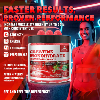 GlucoBio Creatine Monohydrate Gummies (5g) – Pre-Workout Energy & Muscle Growth Support for Men & Women GlucoBio