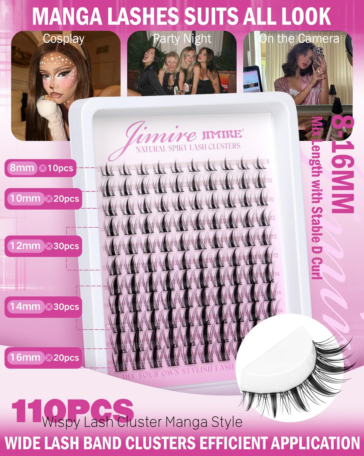 Manga Lash Clusters Natural Look Wispy Lashes Clusters Anime D-Curly Cluster Eyelash Extensions 110 Pcs 8-16MM Fairy Individual Cluster Lashes Wet-Look Lash Extensions JIMIRE