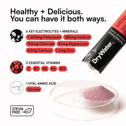 DryWater Electrolyte Powder Packets, Raspberry Lemon - Stevia-Free Hydration Packets Drink Mix with Zero Added Sugar for Rehydration & Energy - 6 Key Electrolytes DryWater