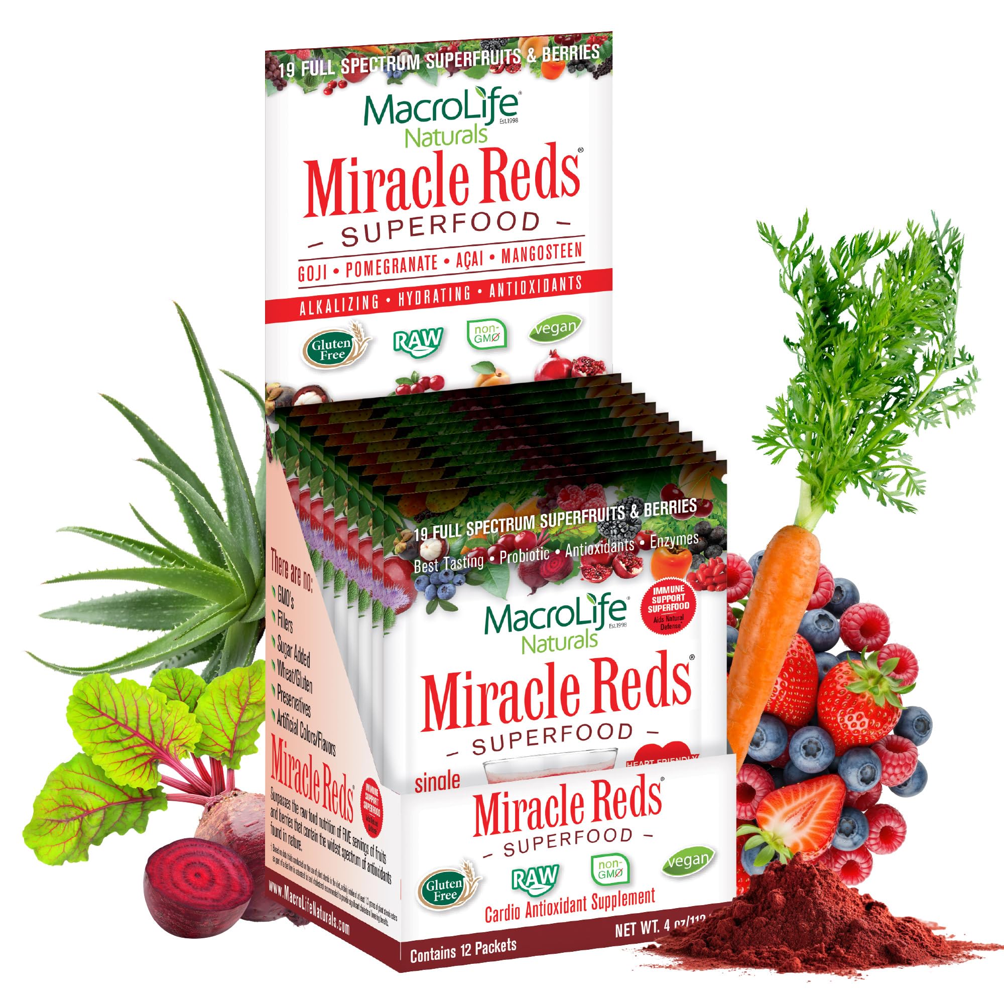 MacroLife Naturals Miracle Reds Superfood Powder 19 Blended Fruit & Berry Polyphenols Enzymes Probiotics & Antioxidants Supplement - Raw Non-GMO & Vegan Whole Food Vitamins - 12 Packet Servings MacroLife Naturals buy australia supplements