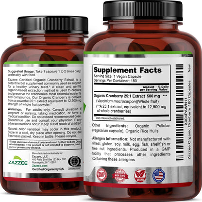 Zazzee USDA Organic Cranberry 25:1 Extract, 500mg per Capsule, 100 Capsules | Vegan, 3+ Month Supply, Certified Kosher, Vaccinium Macrocarpon, Non-GMO, Made in the USA Gsupps Australia