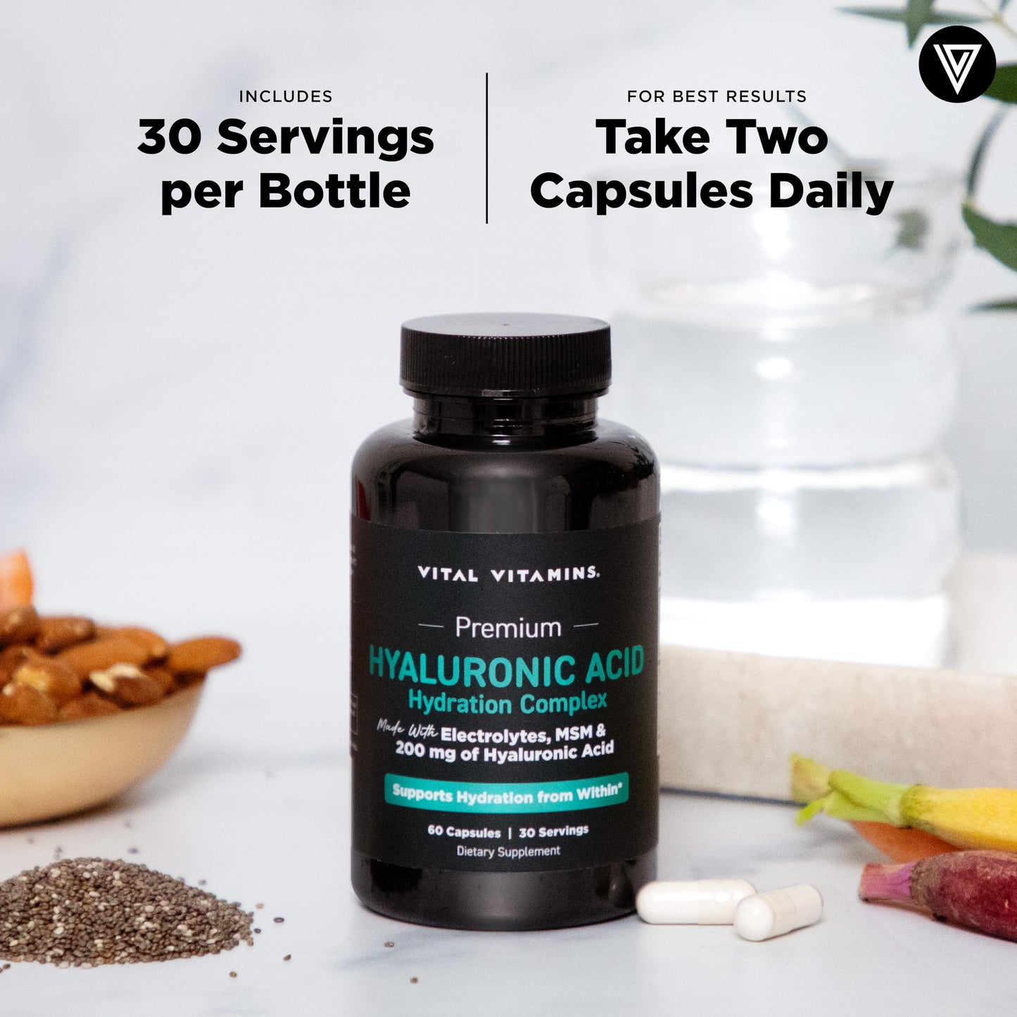 Vital Vitamins Hyaluronic Acid Supplements, 60 Capsules | 200mg Low Molecular Weight HA, Supports Skin Hydration, Elasticity & Joint Comfort, Vegan & Non-GMO Gsupps Australia