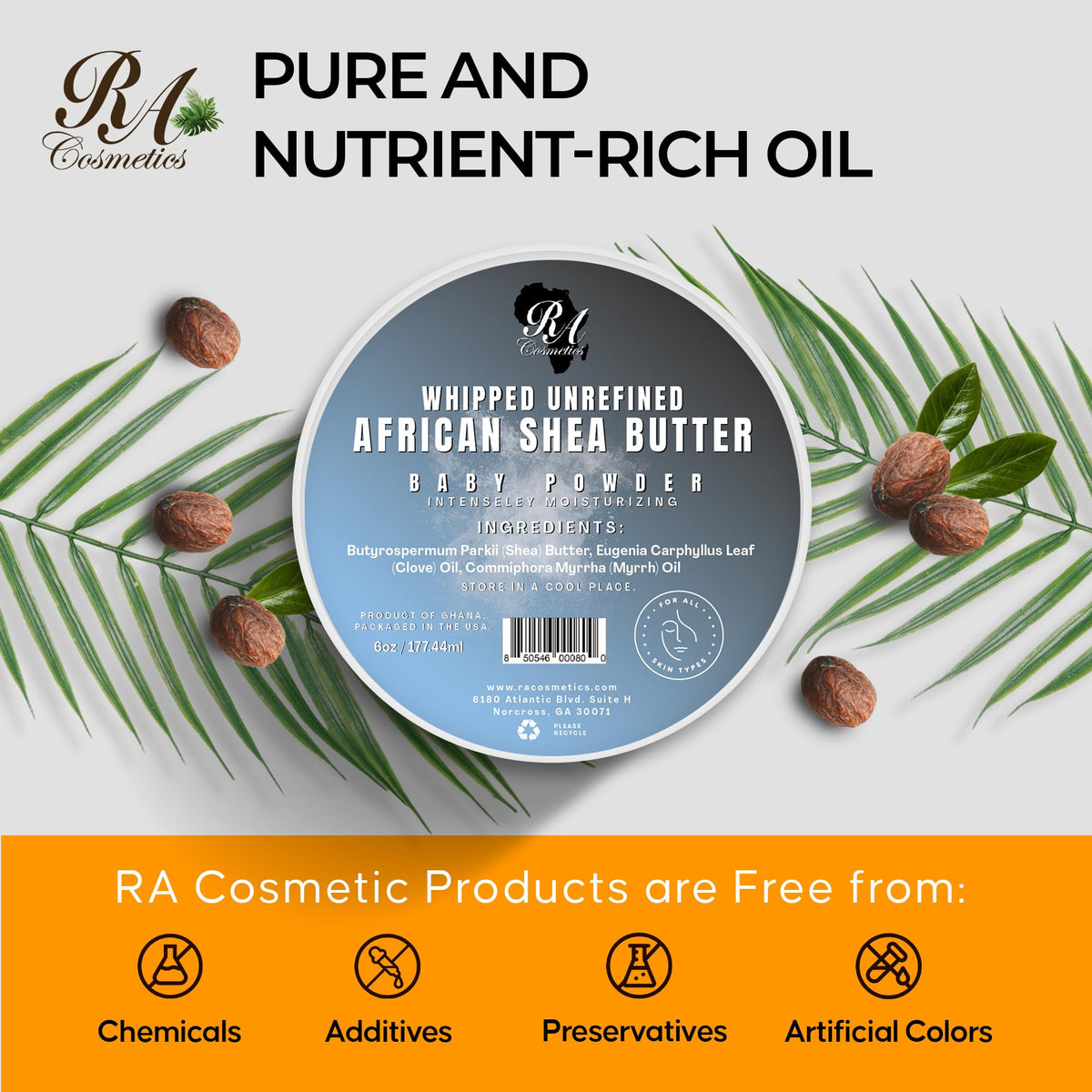RA Cosmetics Whipped Shea Butter Baby Powder - 6oz | 100% Pure & Natural African Shea Butter for Men & Women - Ultimate Handcrafted Moisturizer with Essential Vitamins for Radiant Skin & Luscious Hair RA COSMETICS