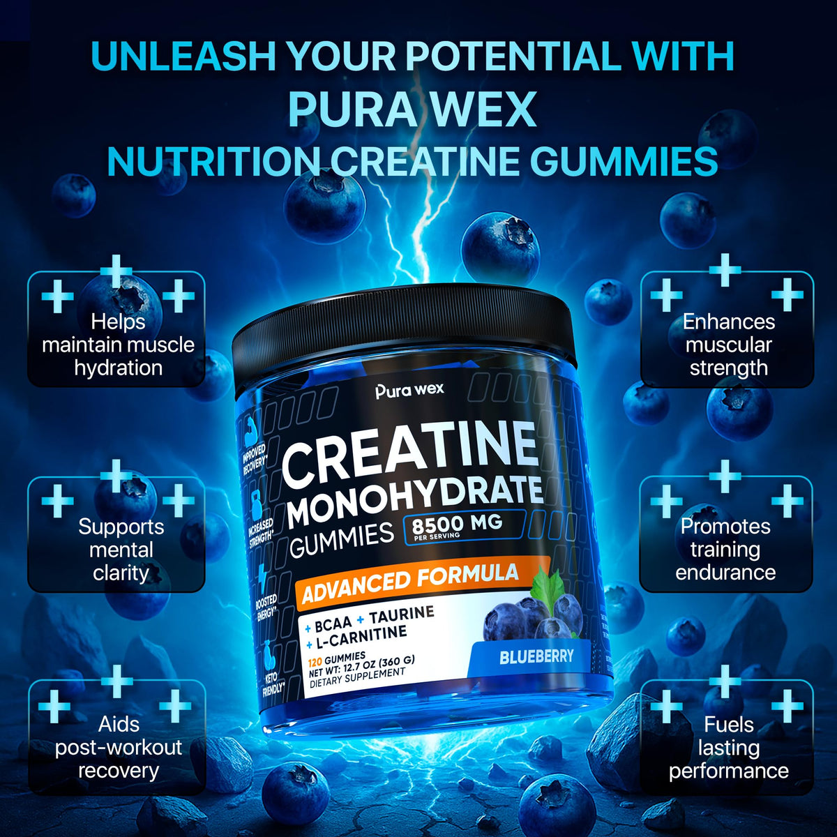 PURA WEX NUTRITION Creatine Monohydrate Gummies 8500mg Complex for Men & Women - Pre Workout Creatine Chews for Muscle Growth, Strength & Energy, PURA WEX NUTRITION