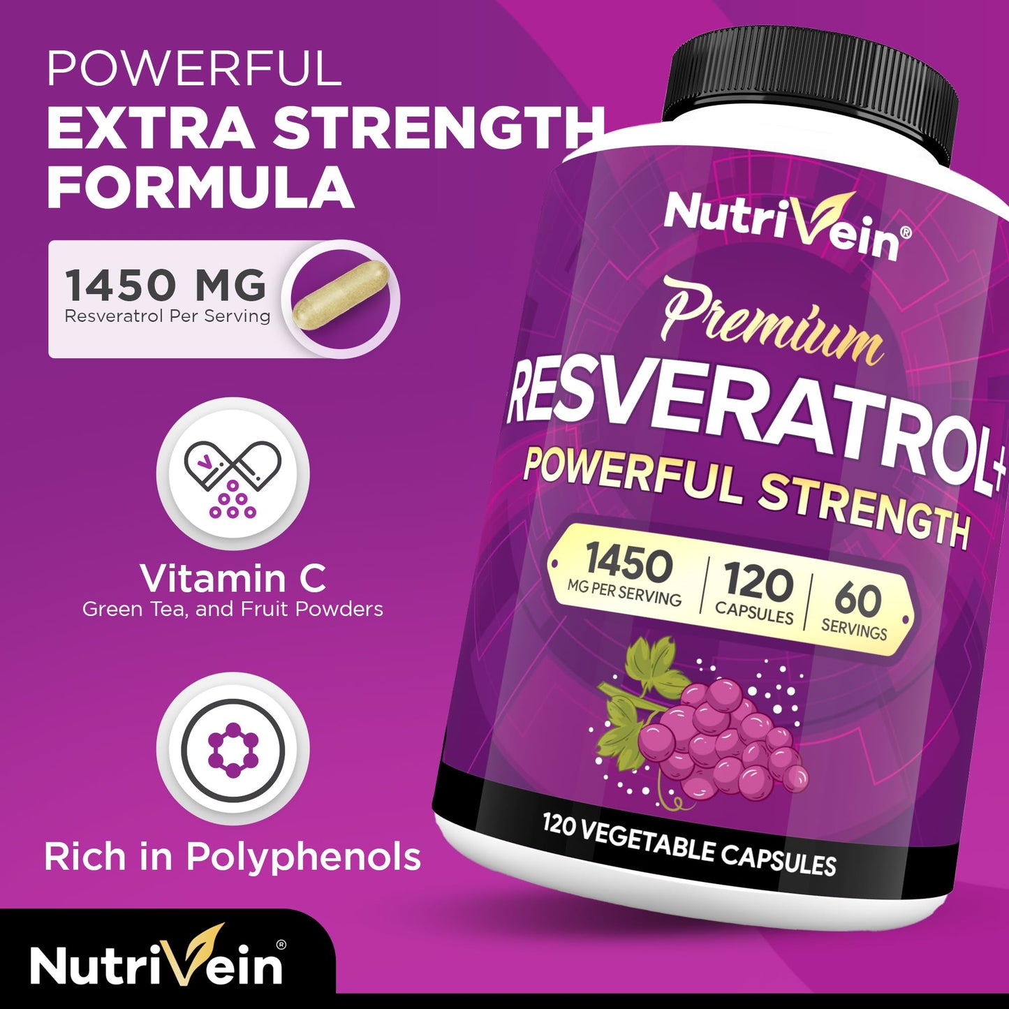 Nutrivein Premium Resveratrol 1450mg - 120 Caps: Pure Trans Resveratrol Supplement Enhanced with Green Tea Leaf & Acai Berry Nutrivein