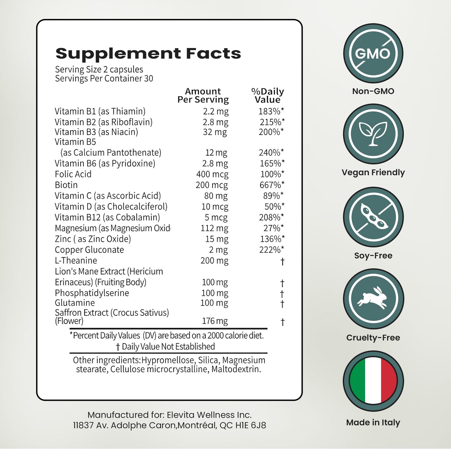 ELEVITA WELLNESS Focus Supplement (Made in Italy) | Premium Blend with L-Theanine, Lion's Mane & B Vitamins, Saffron and Vitamin D | Focus & Cognitive Support for Men & Women ELEVITA WELLNESS