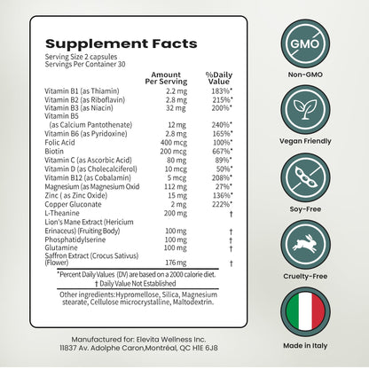 ELEVITA WELLNESS Focus Supplement (Made in Italy) | Premium Blend with L-Theanine, Lion's Mane & B Vitamins, Saffron and Vitamin D | Focus & Cognitive Support for Men & Women ELEVITA WELLNESS