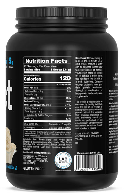 PEScience Select Protein Powder, Whey and Casein Blend, Lean Protein Powder for Women and Men, Low Calorie, Low Carb, Keto Friendly, Gluten Free, Gourmet Vanilla - 27 Servings PEScience