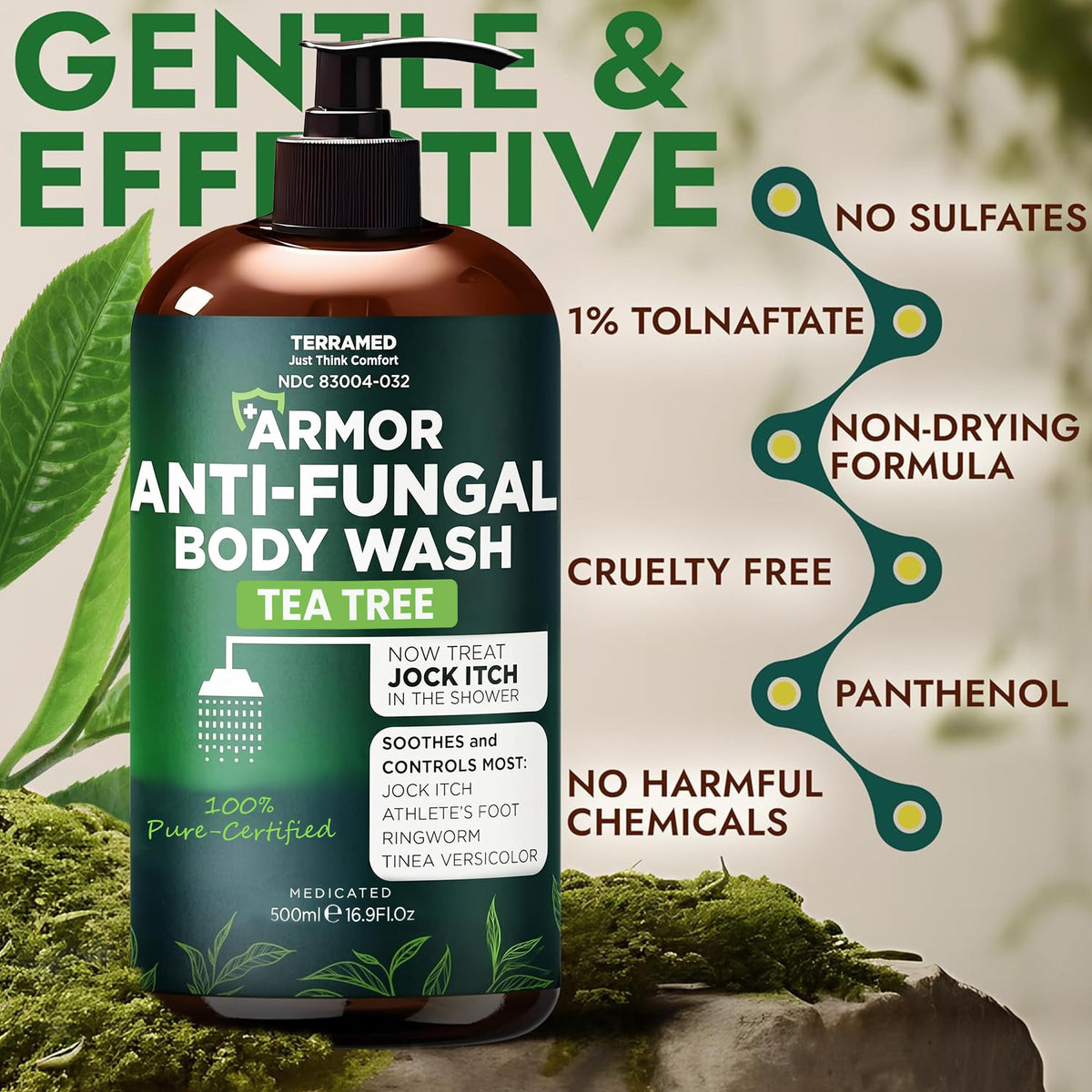 Antifungal Body Wash with Tea Tree Oil for Ringworm & Jock Itch w/Scrubber Terramed Just Think Comfort