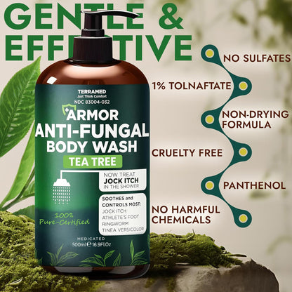 Antifungal Body Wash with Tea Tree Oil for Ringworm & Jock Itch w/Scrubber Terramed Just Think Comfort