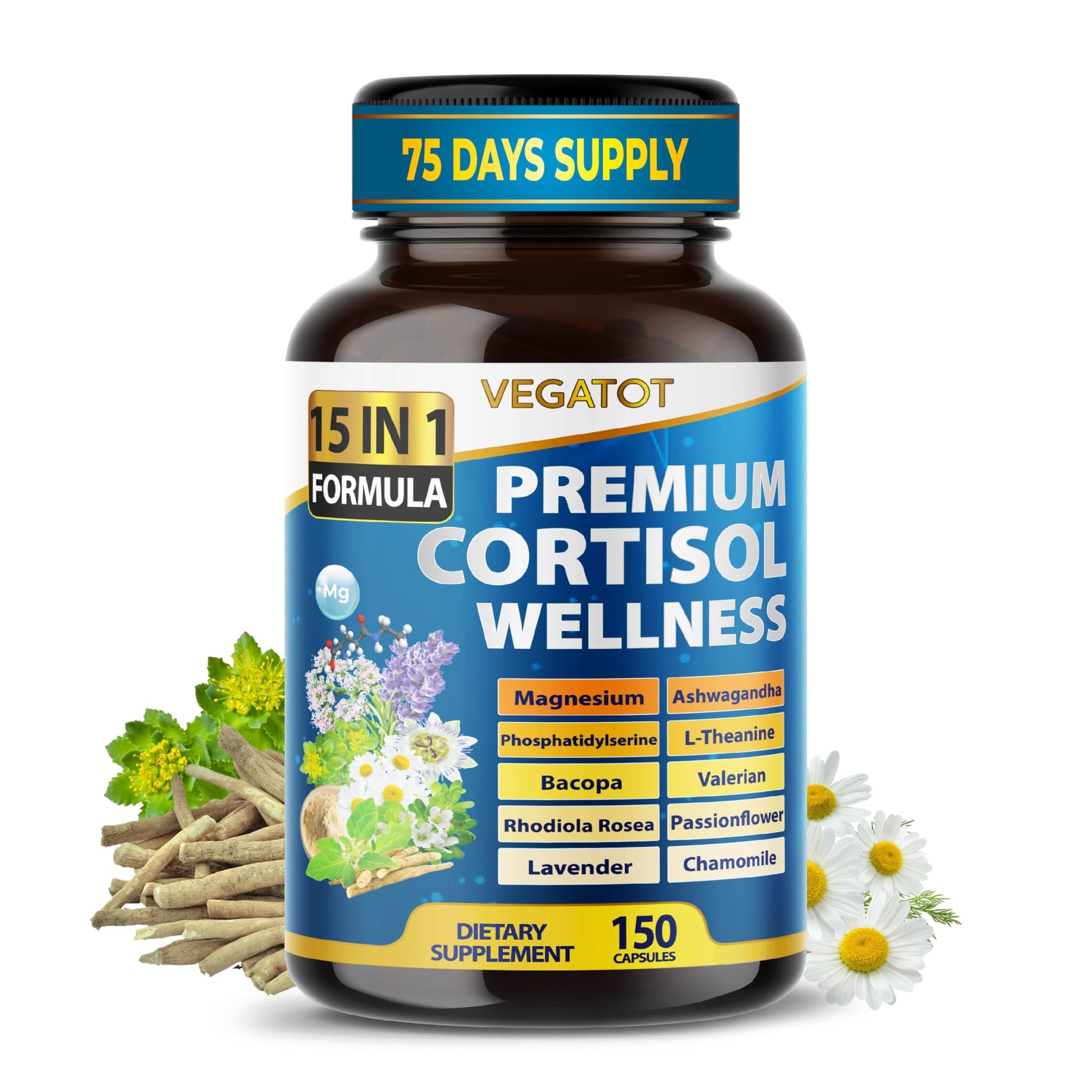 VEGATOT Organic Cortisol Wellness Complex 15-in-1 Formula with Magnesium Ashwagandha St. John's Wort Valerian Rhodiola Rosea Passionflower Chamomile VEGATOT buy australia supplements