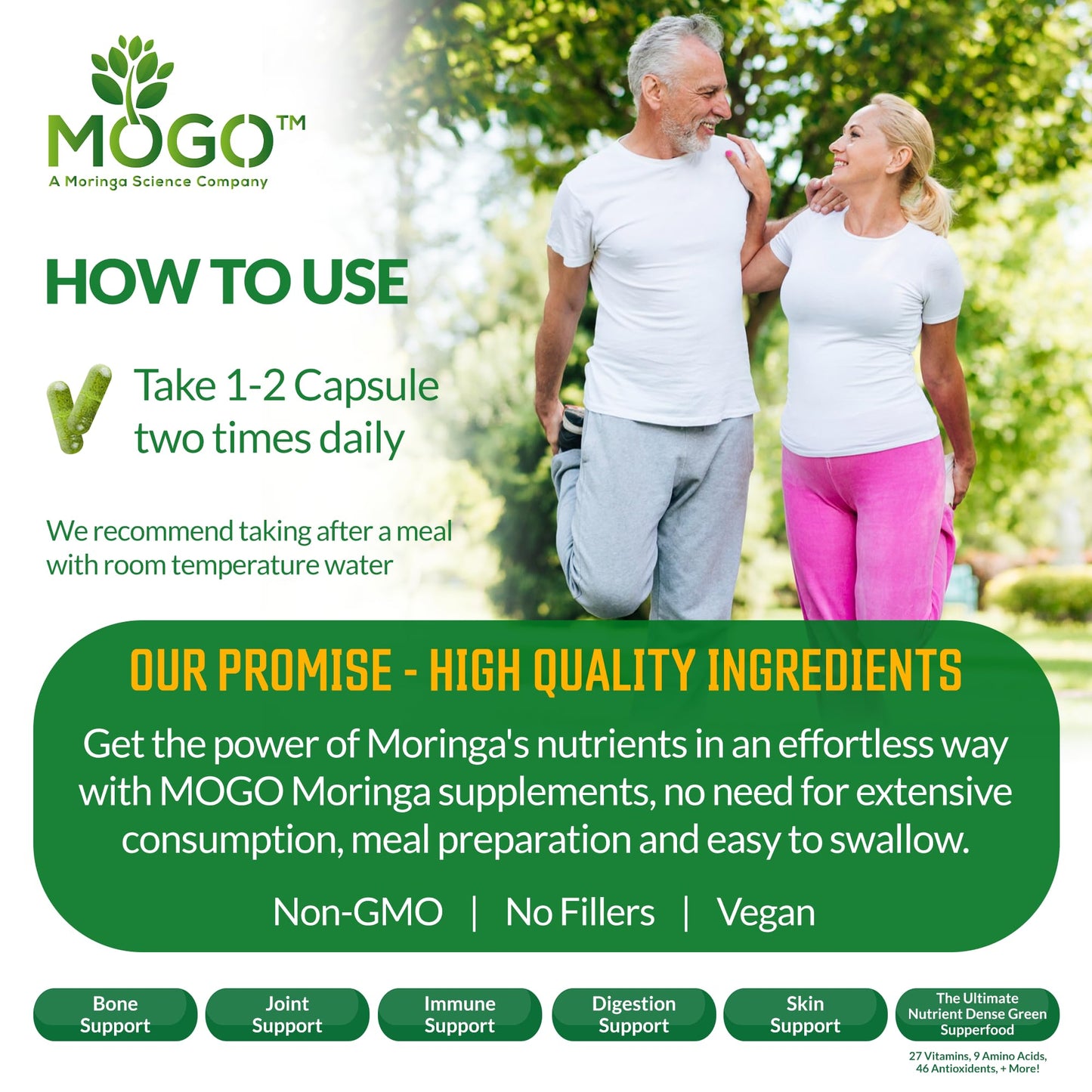 MOGO Moringa Capsules -180 Ct| Boost Energy, Immune, Gut, Joint Support | Made with Pure Organic Moringa Powder Organic Capsules | Made in USA MOGO