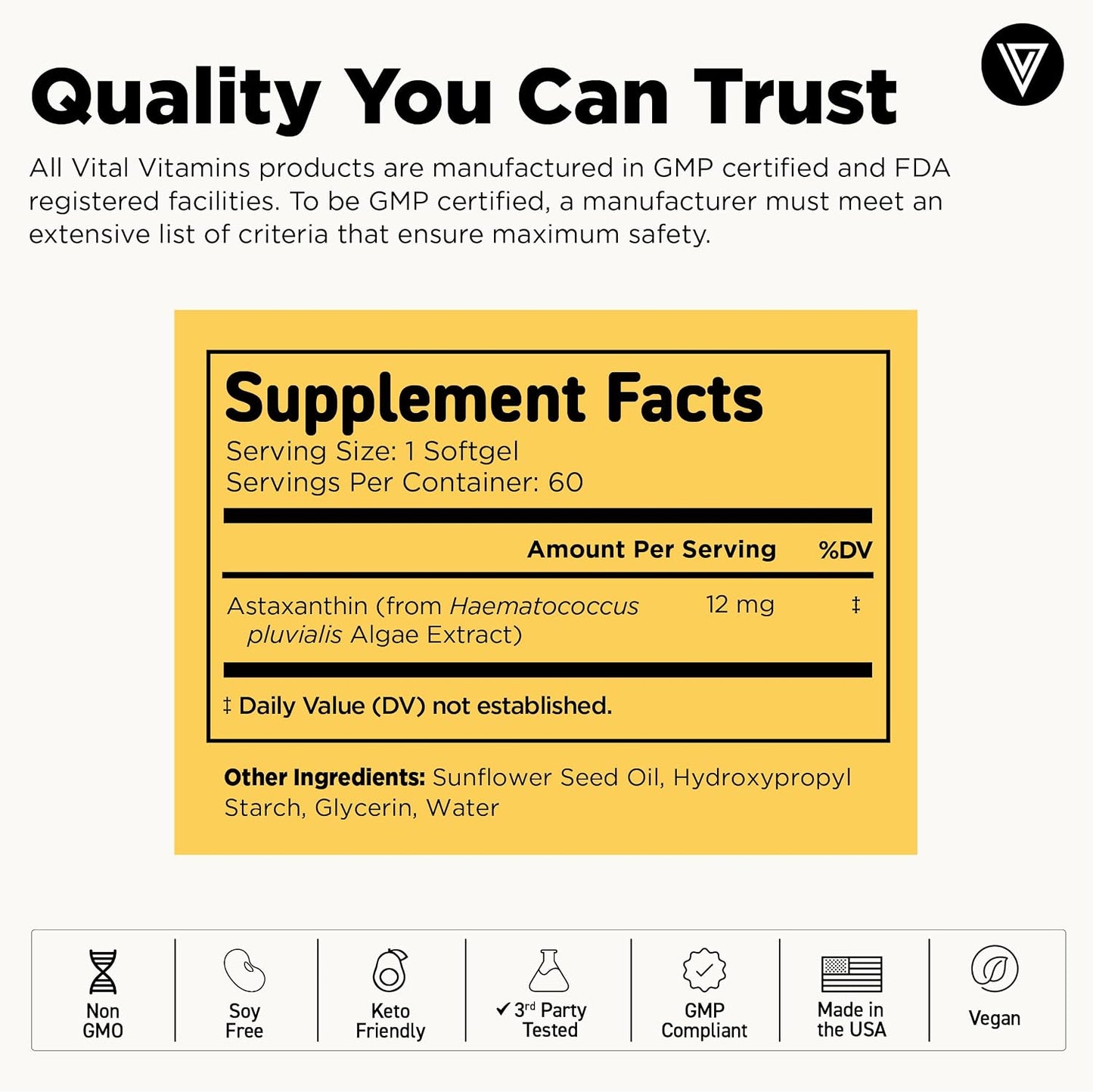 Vital Vitamins Astaxanthin 12mg Softgels for Skin Hydration & Elasticity | Natural Astaxanthin from Microalgae, Antioxidant Protection for Skin, Eyes & Exercise Recovery, Vegan, 60 Softgels Gsupps Australia