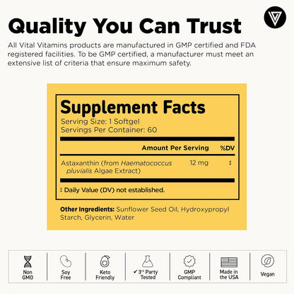 Vital Vitamins Astaxanthin 12mg Softgels for Skin Hydration & Elasticity | Natural Astaxanthin from Microalgae, Antioxidant Protection for Skin, Eyes & Exercise Recovery, Vegan, 60 Softgels Gsupps Australia