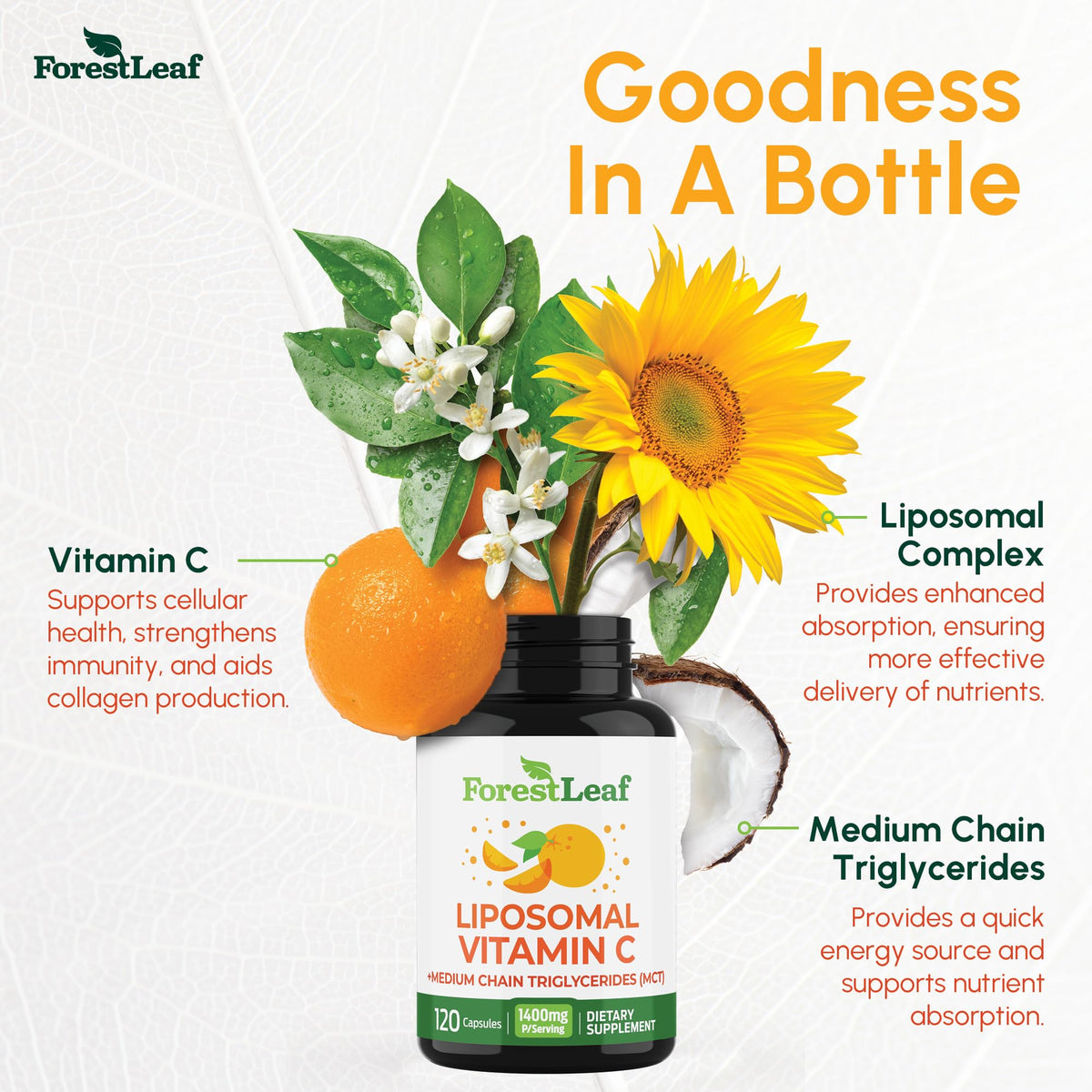 ForestLeaf Liposomal Vitamin C 1400mg Capsules | High Dose Vitamin C Liposomal Supplement w Coconut Oil Fatty Acids | Fast Absorption | Immune Support, ForestLeaf