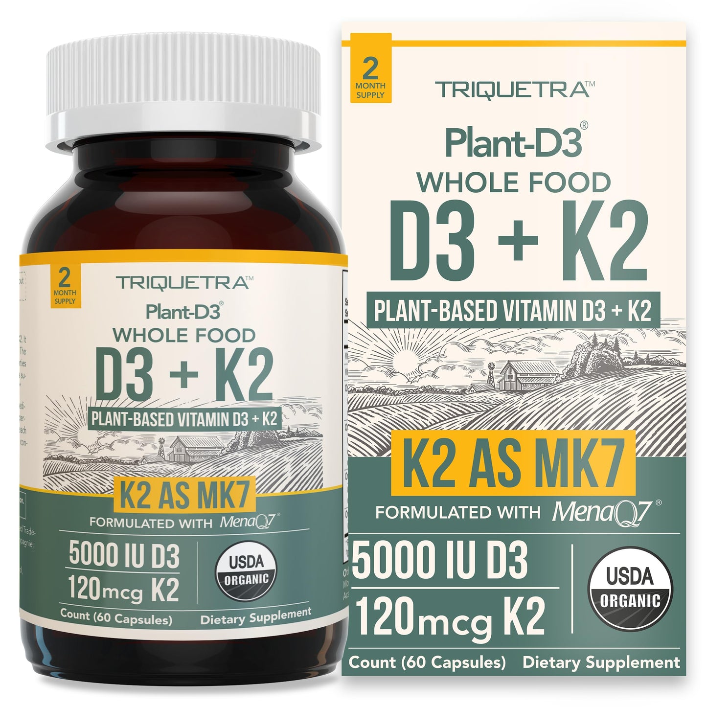 Organic Plant D3 + K2 | 5000 iu D3 + 120 mcg K2 as All-Trans MK7 from MenaQ7® - 100% Whole Food, Raw & Vegan | Enhanced Digestion with Prebiotic Triquetra Health