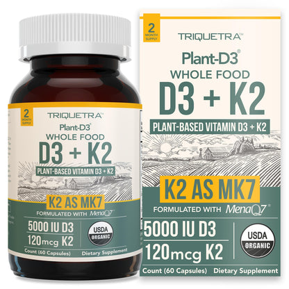 Organic Plant D3 + K2 | 5000 iu D3 + 120 mcg K2 as All-Trans MK7 from MenaQ7® - 100% Whole Food, Raw & Vegan | Enhanced Digestion with Prebiotic Triquetra Health