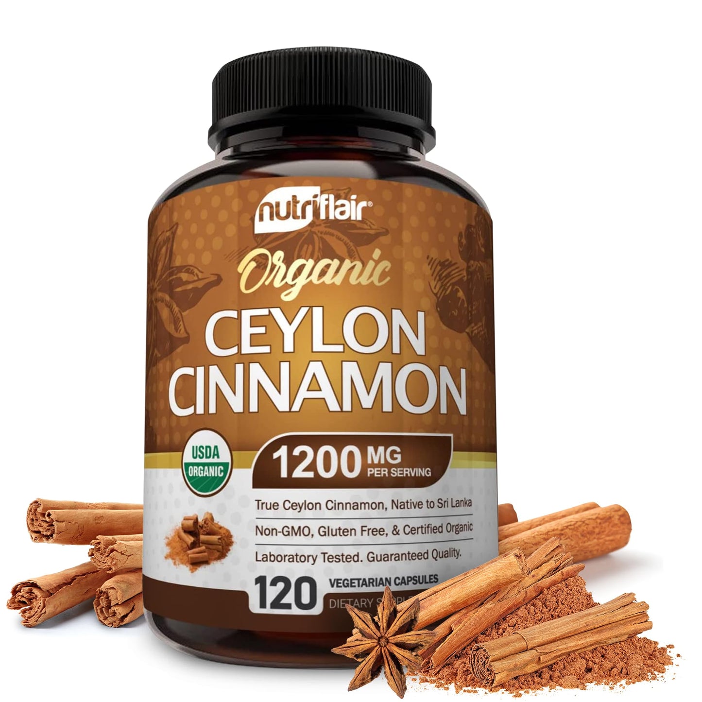 NutriFlair Organic Ceylon Cinnamon Supplement 1200mg, 120 Capsules - USDA Certified - Non-GMO, Gluten Free Powder, Antioxidant Pills NutriFlair