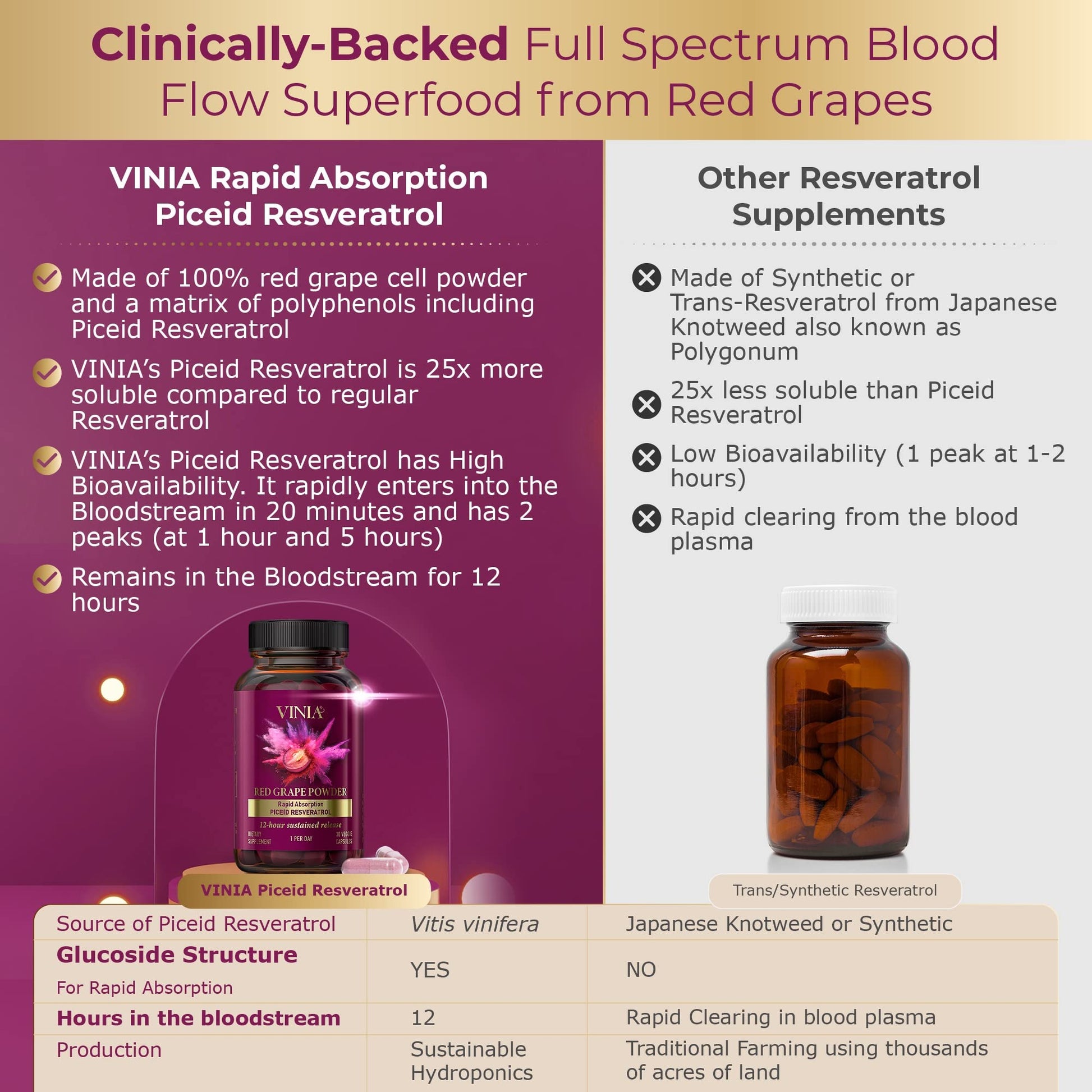 VINIA Piceid Resveratrol Supplement Capsules. Increases Blood Flow and Nitric Oxide. Blood Pressure and Heart Health Support VINIA